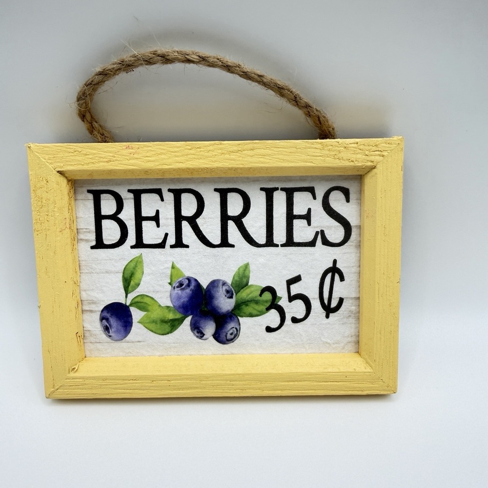 Rustic Berries 35¢ Wood Sign Farmhouse Kitchen Decor Blueberry Yellow Frame
